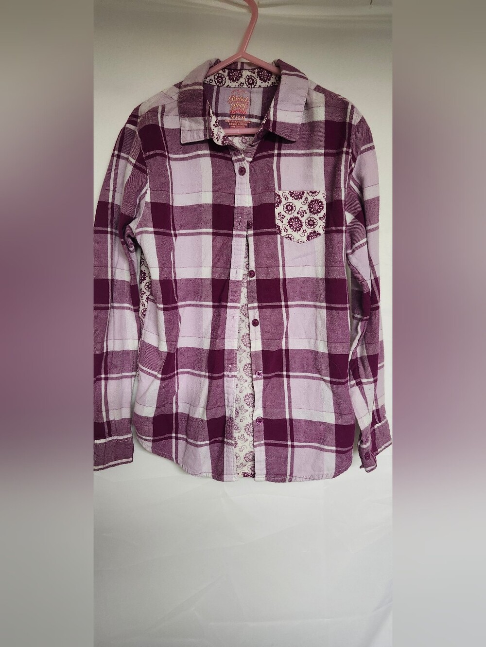Faded Glory Purple Plaid Button-Down Shirt with Floral Pocket